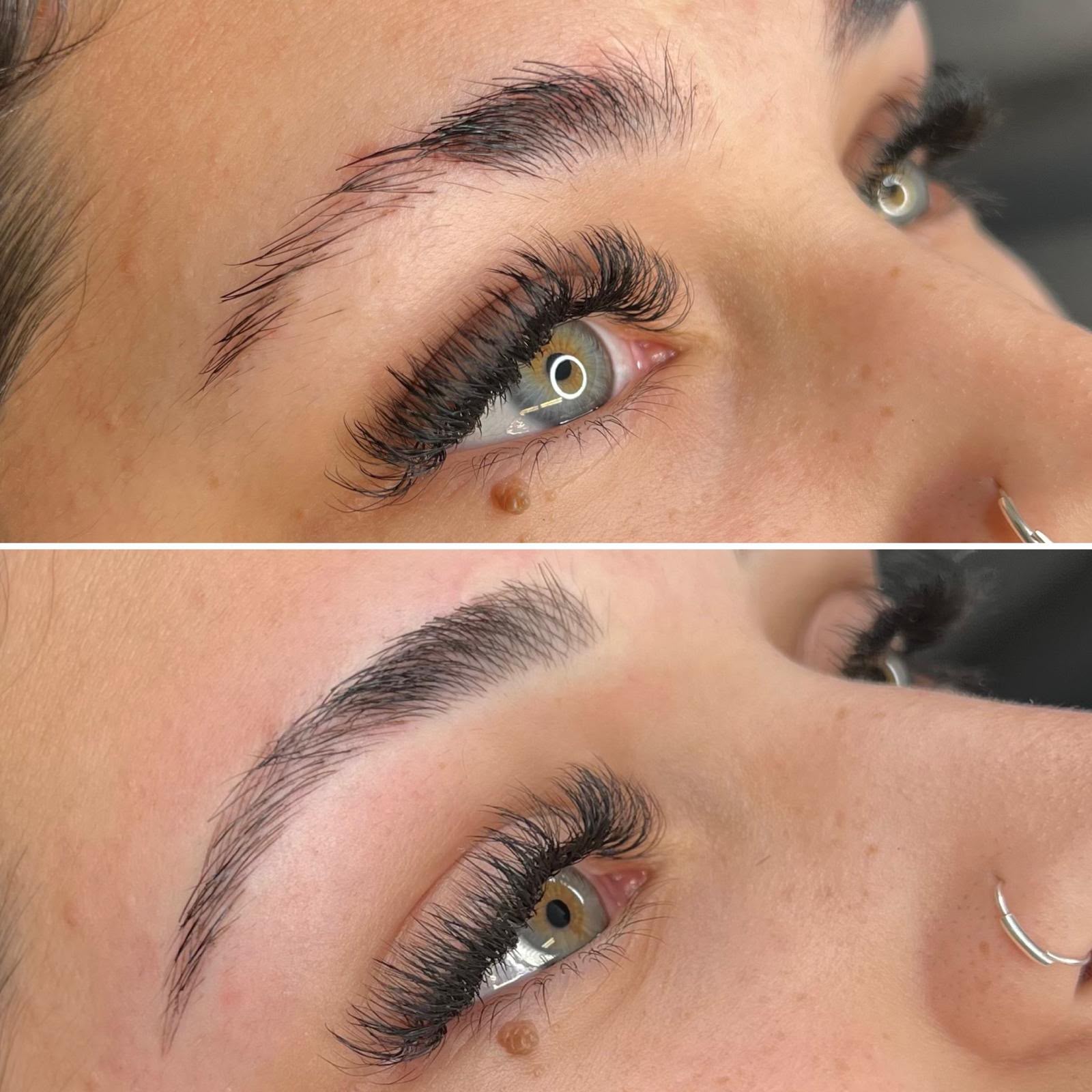 Antes e depois de microblading fio a fio numa sobrancelha natural