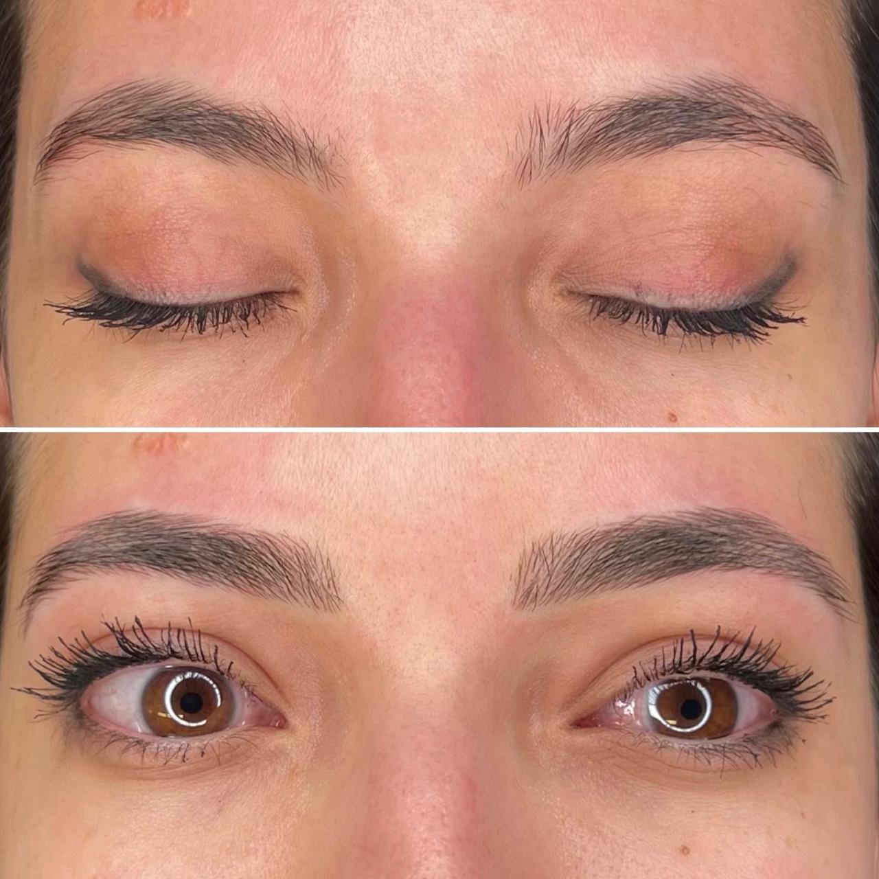 Sobrancelhas harmoniosas após microblading, antes e depois