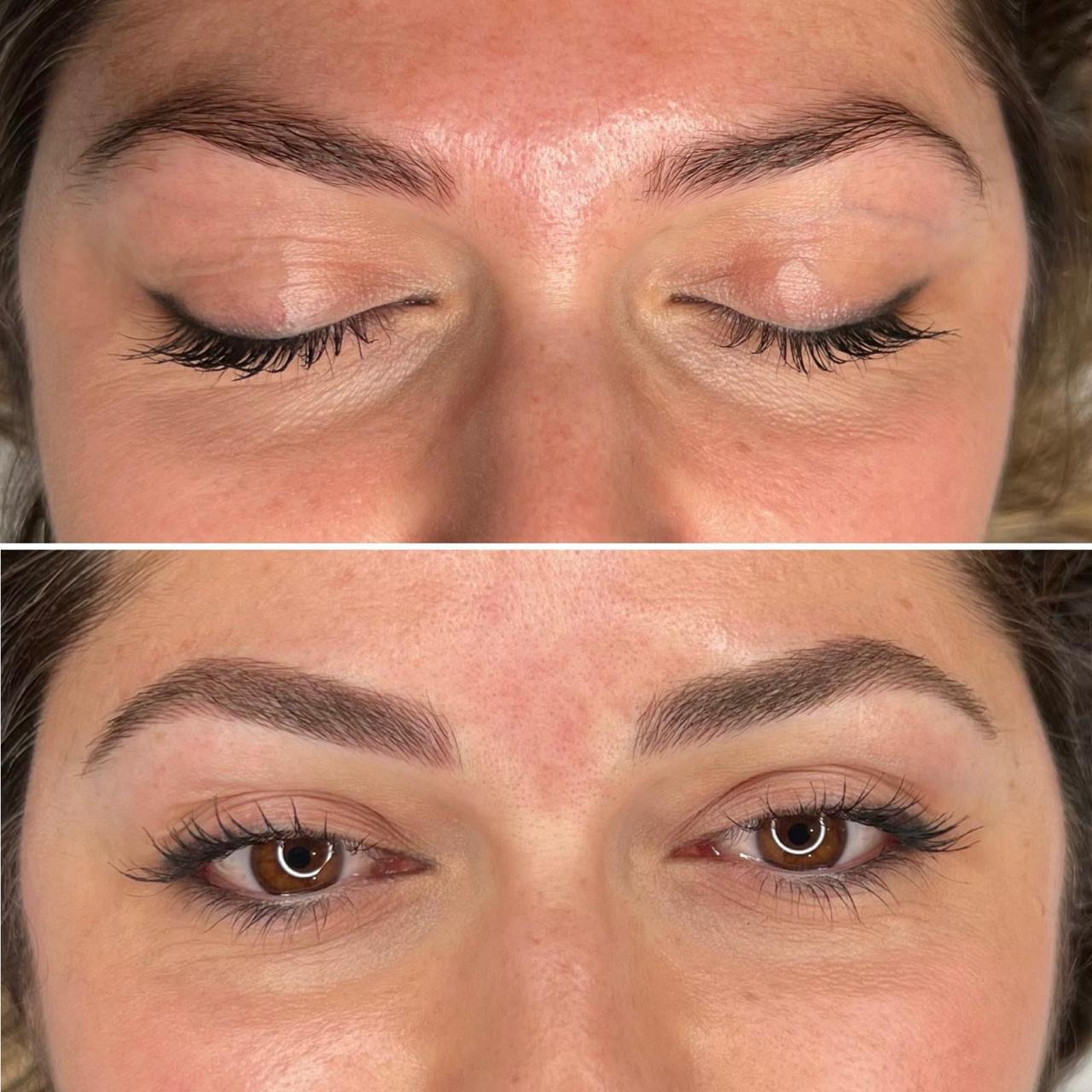 Olhar realçado com microblading natural, antes e depois