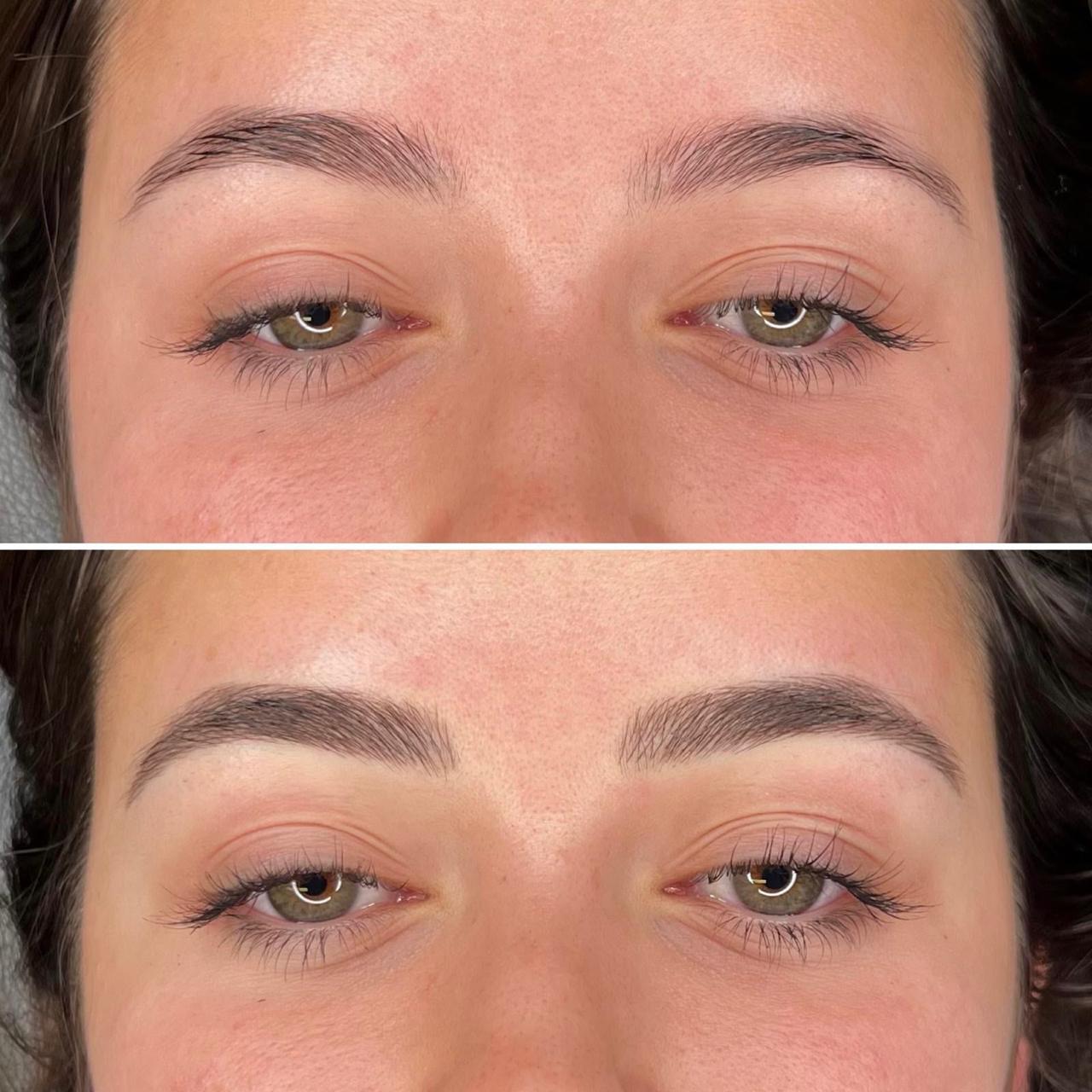 Sobrancelhas definidas com microblading, antes e depois