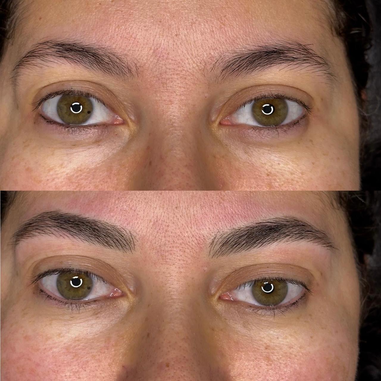 Microblading simétrica em cabelo escuro, antes e depois