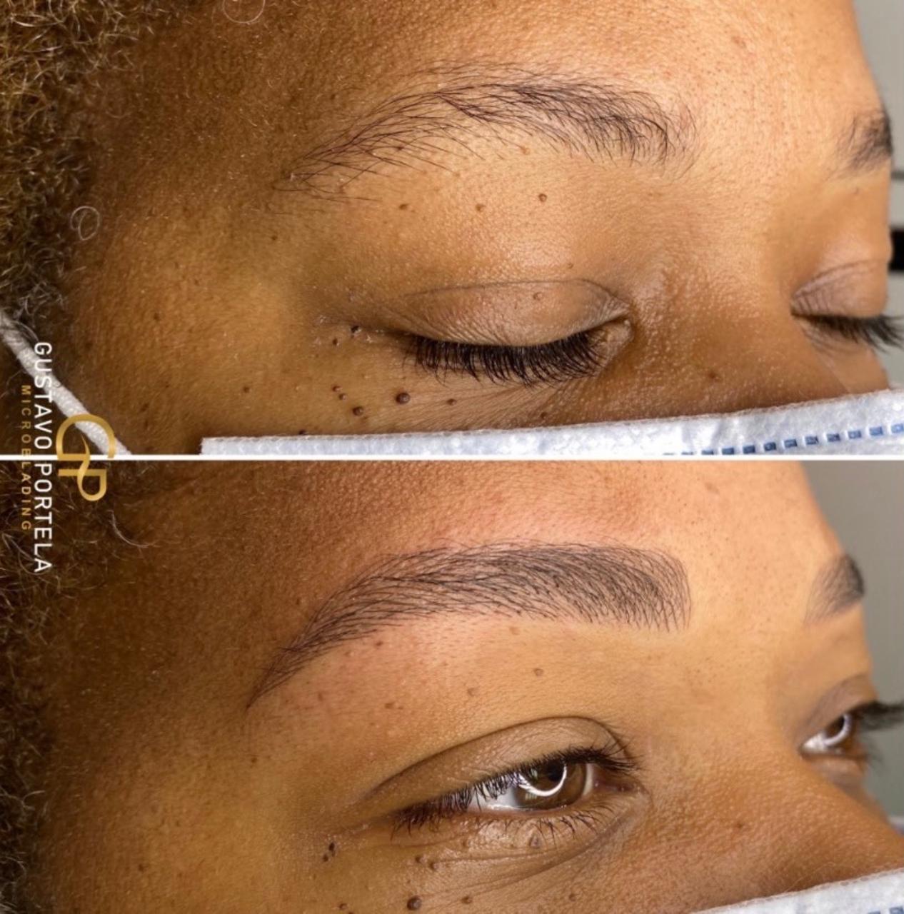 Trabalho de microblading em perfil, antes e depois